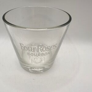 VTG Four Roses Bourbon Rocks Glass Clear Etched Logo Embossed Rose Base Barware